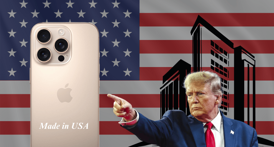 iPhone with “Made in USA?” text over American flag, Donald Trump silhouette, and factory background