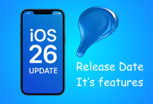 iPhone with iOS 26 Release Date and update screen featuring Liquid Glass design and September 2025 release date.